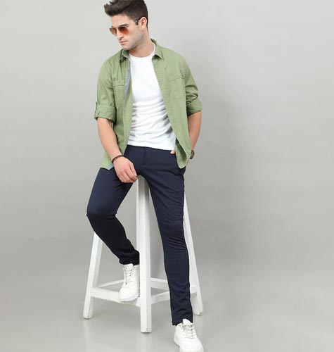 Men Olive Green Solid Slim Fit Cotton Casual Shirt
